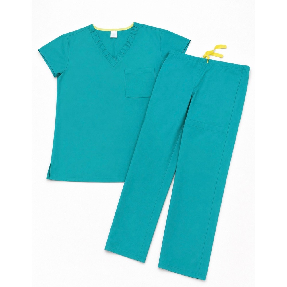 Standard Textile Medical Scrub Set Teal Green V-Neck Top Drawstring Pants Small